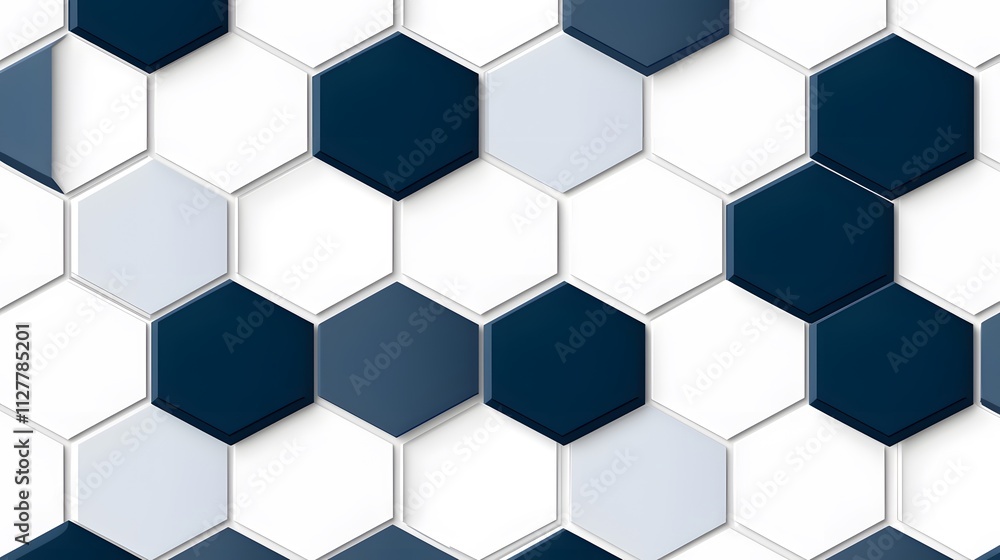 Poster abstract hexagonal pattern with navy and white hexagons.