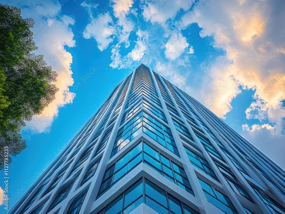 Wall mural skyscraper view from below against blue sky and fluffy clouds