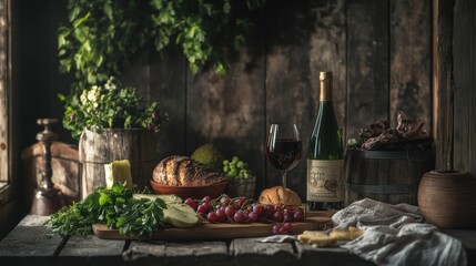 Gourmet food and wine arrangement rustic wood background photography cozy setting artistic concept
