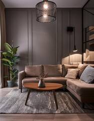 Interior of stylish bad room with a sofa and a table original furniture in the studio dressi
