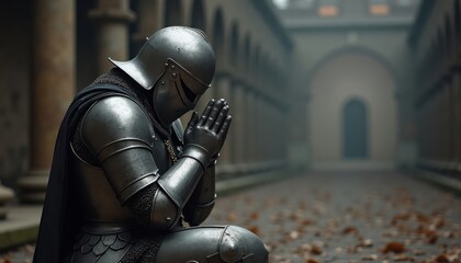 Medieval knight in armor kneels in prayerful pose. Strong warrior shows devotion, deep contemplation. Ancient architecture in background suggests historical setting. Powerful image evokes themes of