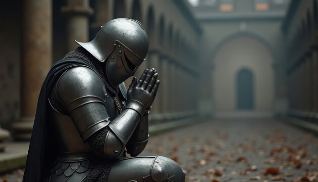 Medieval knight in armor kneels in prayerful pose. Strong warrior shows devotion, deep contemplation. Ancient architecture in background suggests historical setting. Powerful image evokes themes of