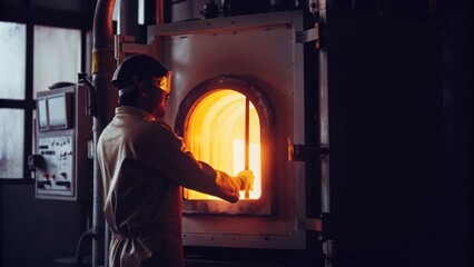 A hightemperature sintering furnace glowing brightly with a technician monitoring temperatures and reaching into the chamber with safety gear.