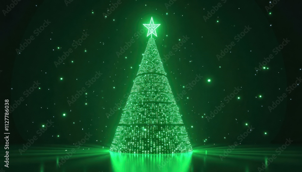 Poster neon green christmas tree glowing with binary code in dark digital setting. tech festive design. hol