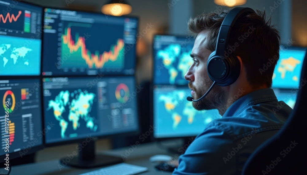 Poster data analyst focuses on multiple screens. screens display maps graphs, data visualizations. person w