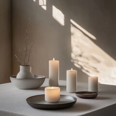 Elegant candle arrangement on table with soft diffused lighting in minimalist setting