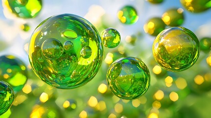 Abstract image of vibrant green spheres floating in a bright, sunny sky.