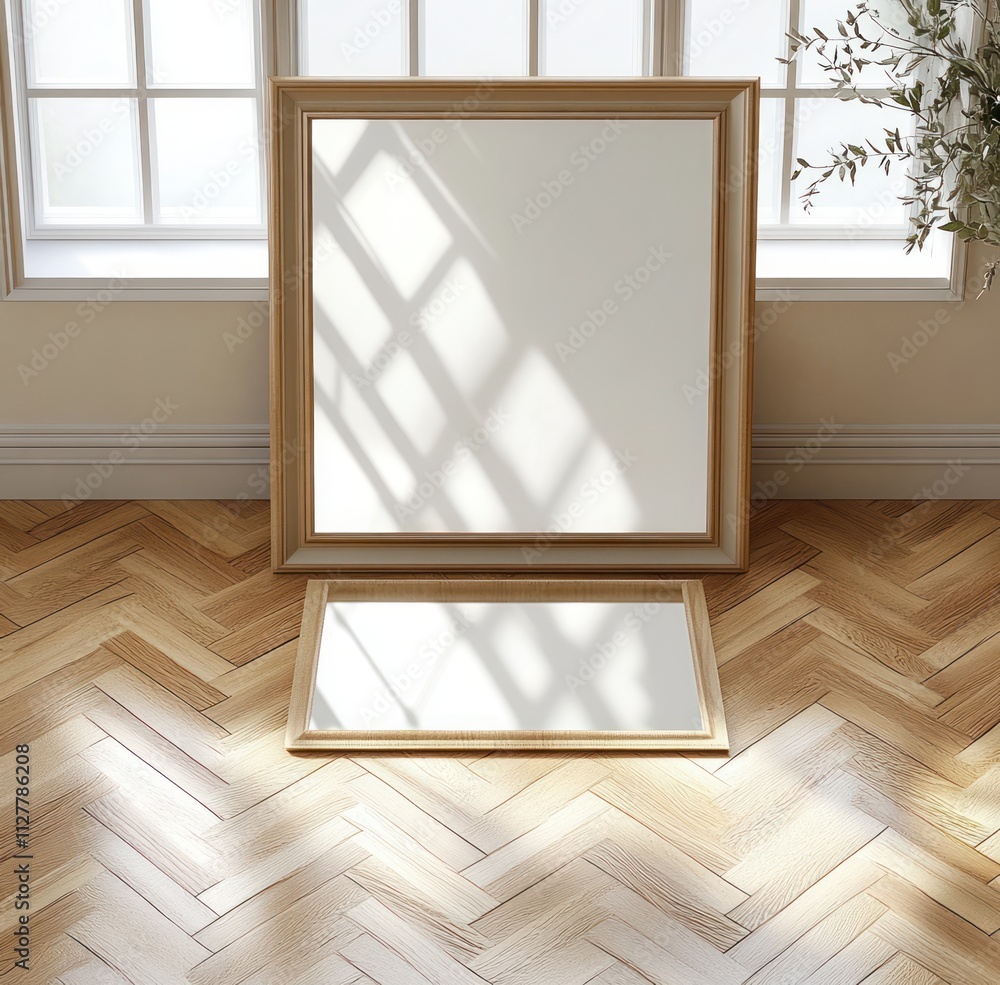 Aufkleber minimalist scandinavian interior scene with empty mirror and herringbone wooden floor in soft lighti