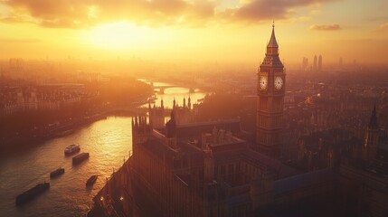 Naklejka premium Golden sunset over London, Big Ben prominent.