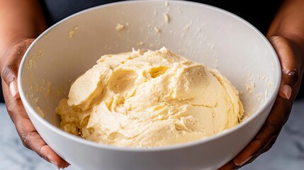 A close-up of a Black woman's hands holding a bowl of creamy, homemade buttercream frosting.