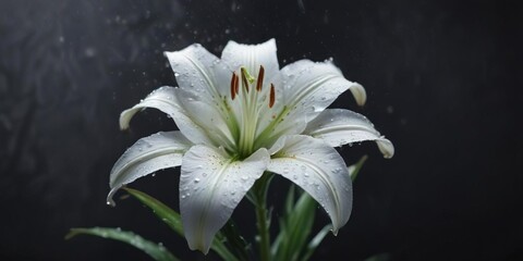 Elegant white lily covered in dew drops against dark backdrop, dewy, dark background, botanical, elegance, blooms