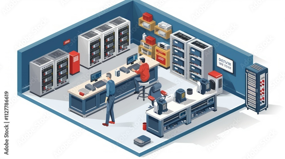 Poster isometric view of a modern server room with technicians working at a help desk.