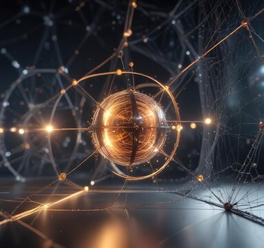 Abstract representation of quantum particles in a mesh environment, quantum physics, particle physics