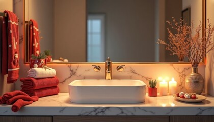 Christmas themed bathroom features festive towels, decorations on marble countertop. Red towels, candles create warm ambiance. Small potted succulents, dried flower arrangements add holiday charm.