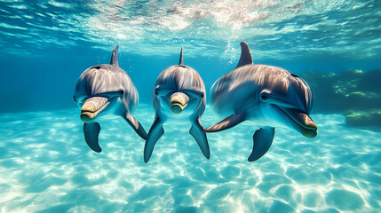 Obraz premium Four playful dolphins swimming together, showcasing their grace and intelligence in a vibrant underwater scene, white background. Ebullience. Illustration