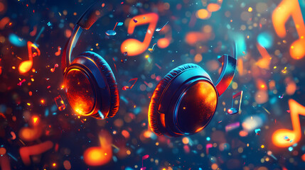Headphones hover amidst glowing musical notes, illustrating the vibrancy and joy of experiencing music. Ebullience. Illustration