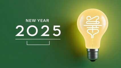A light bulb symbolizing new ideas for the New Year 2025 against a green background.