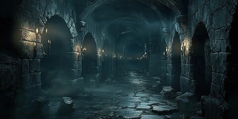 Creepy dark medieval dungeon catacombs corridor with flickering candles and stone arches