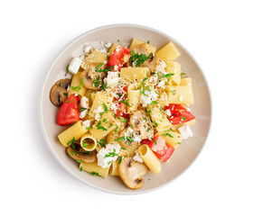 Plate with delicious Italian pasta salad on white background