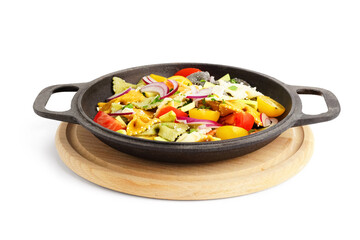 Frying pan with delicious Italian pasta salad on white background