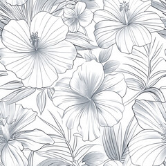 Seamless monochrome pattern featuring textured tropical plant sketch with dynamic lines