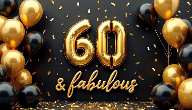 60th birthday celebration with gold, black balloons confetti. Fabulous sign. Party decorations. Luxury theme. Celebrating milestone. Gold number 60 balloons. Black, gold decorations. Elegant birthday
