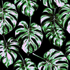 Seamless monochrome pattern featuring textured tropical plant leaf imprints with dynamic lines