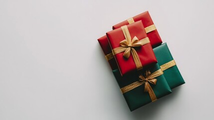 Stack of gifts wrapped in red and green with gold ribbons.