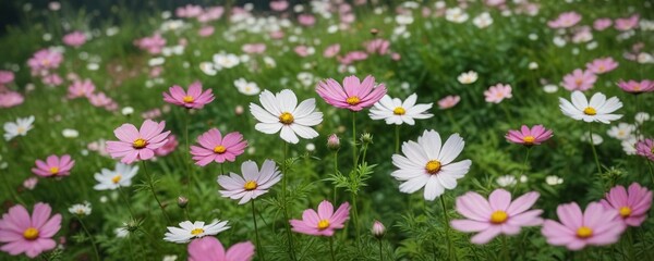 Fototapeta premium Enchanting pink and white cosmos flowers standing out in a sea of greenery, scenic, beauty
