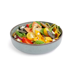 Bowl with delicious Italian pasta salad on white background