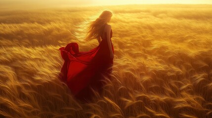 A woman in a flowing red dress walking through a golden wheat field at sunset.