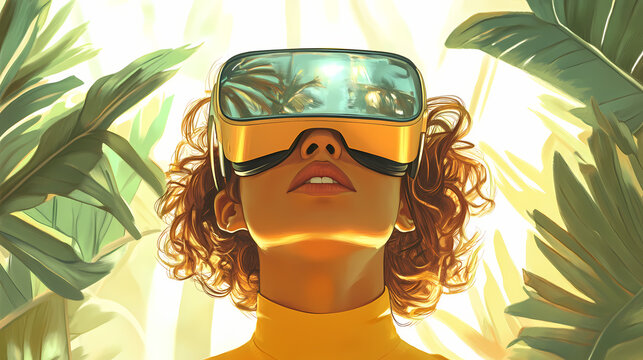 Mujer joven usando gafas de realidad virtual en un entorno luminoso. Ebullience. Illustration