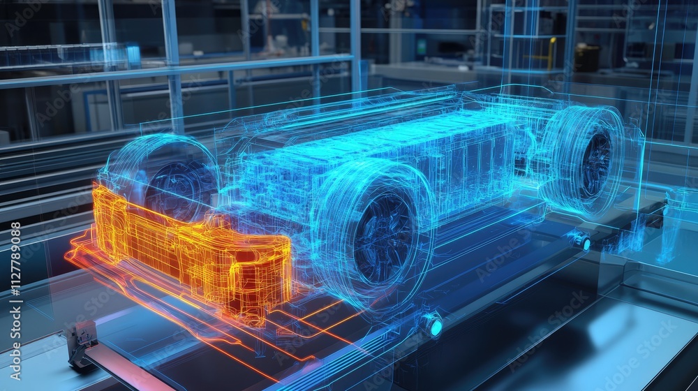Poster a 3d rendering of cae simulations showing the thermal management system of electric vehicle batterie