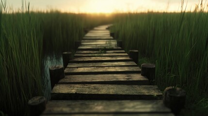 Obraz premium A serene wooden pathway leading through tall grass at sunset.