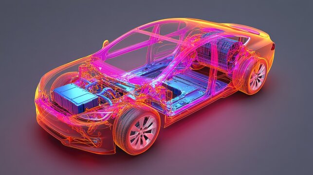 A 3D rendering of CAE simulations showing the thermal management system of electric vehicle batteries, highlighting cooling solutions for sustainable EV performance.