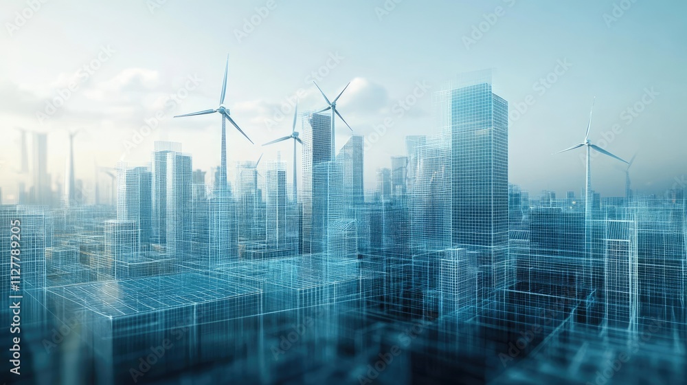 Poster a 3d wireframe structure of a city with renewable energy sources, solar panels, and wind turbines, e