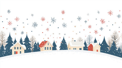 Fototapeta premium Snowy Winter Village Landscape: Embrace the charm of a serene winter village, nestled amidst snowy hills and fir trees, with delicate snowflakes falling from a clear blue sky.