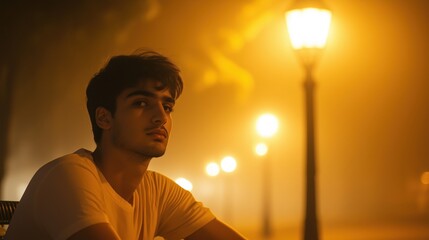 A young man sitting on a bench, looking thoughtfully at the streetlights in a foggy atmosphere.