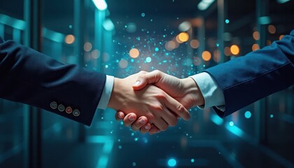 Business people shake hands tech growth, collaboration in modern office environment. Digital particles illustrate data flow, partnership. Image suitable for tech companies, business development,