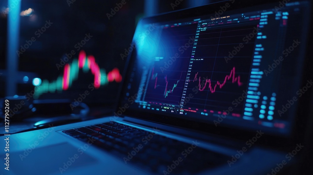 Poster a close-up of a laptop showing cryptocurrency graphs and bitcoin coins, symbolizing the world of dig