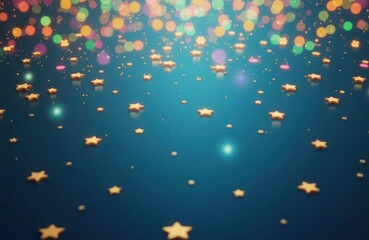 Colorful confetti, sequins create festive holiday ambiance. Minimalist design on blue background perfect for greeting cards. Gold stars scattered across surface. Bright colors evoke happy holidays.