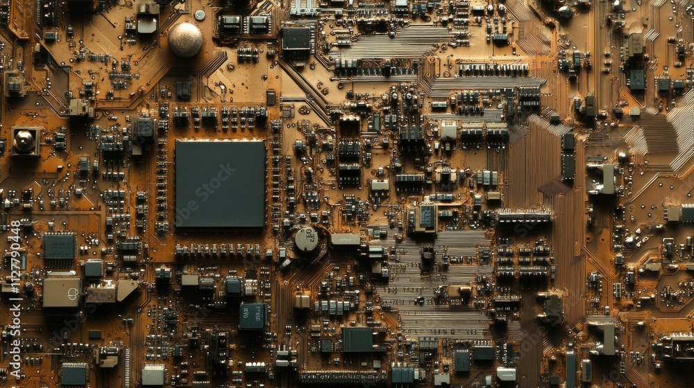 Aufkleber A close-up of a semiconductor microchip with intricate circuits and technology details, showcasing advancements in electronics and computer engineering.