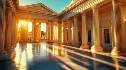 Obraz premium Golden sunlit classical colonnade, statues.