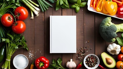 white mockup book for recipe books surrounded by different vegetables