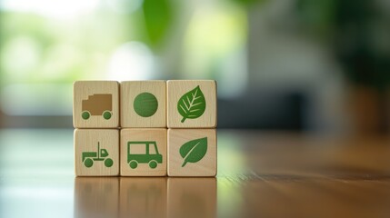 A close-up of wooden blocks with icons like a leaf, globe, and electric truck, representing clean energy strategies in green logistics and sustainable transport.