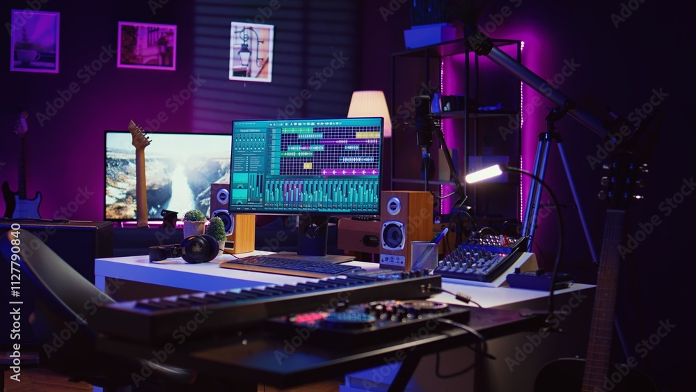 Poster Empty space filled with mixing instruments and electronic tools, soundboard console and mastering panel used for recording tunes. Awd software on pc used in acoustical engineering. Camera B.