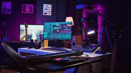 Empty space filled with mixing instruments and electronic tools, soundboard console and mastering...