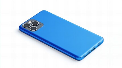 Fototapeta premium A modern smartphone with a triple-camera module in matte blue finish, shown from the back view against a white background. 
