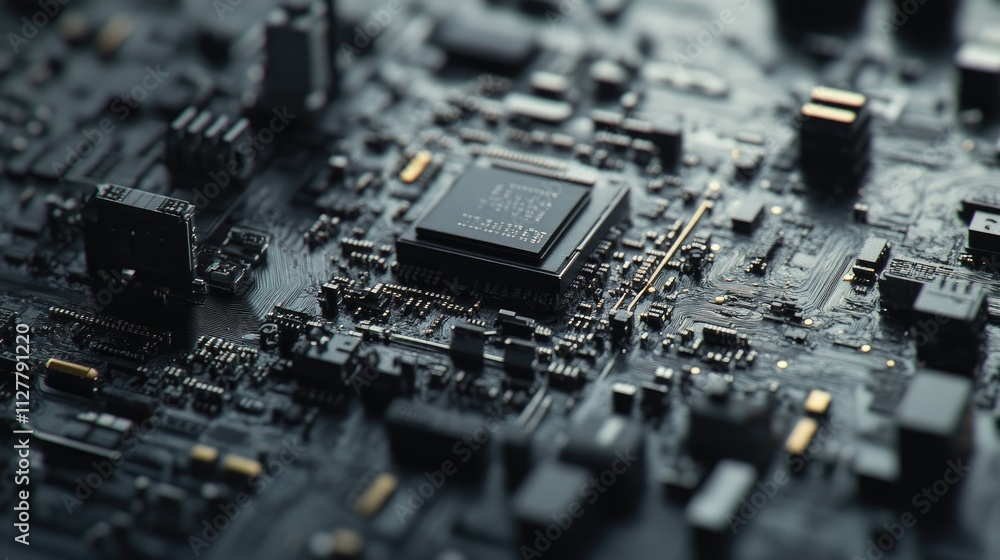 Poster A creative close-up shot of a microchip, showcasing its complex structure and small-scale technology, representing the future of electronics and computing.