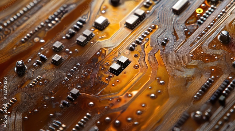 Poster A creative close-up shot of a microchip, showcasing its complex structure and small-scale technology, representing the future of electronics and computing.